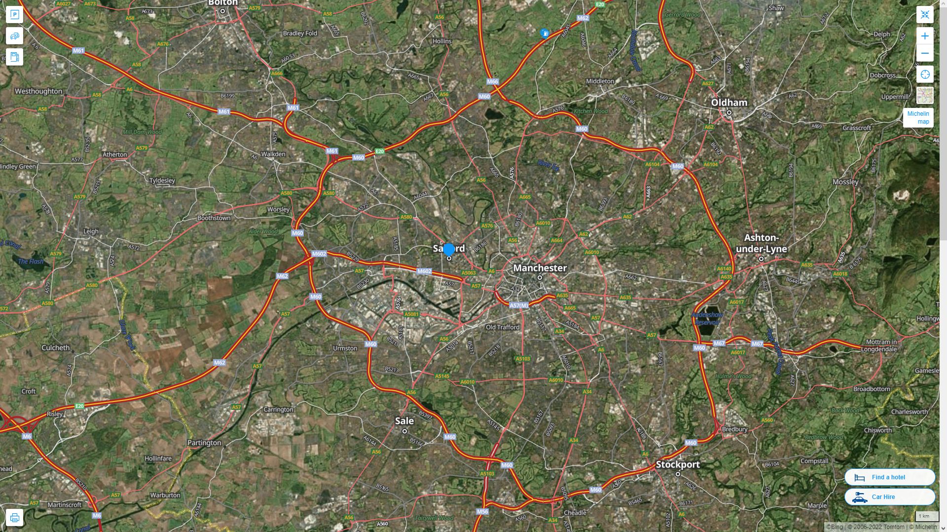Salford Royaume Uni Autoroute et carte routiere avec vue satellite